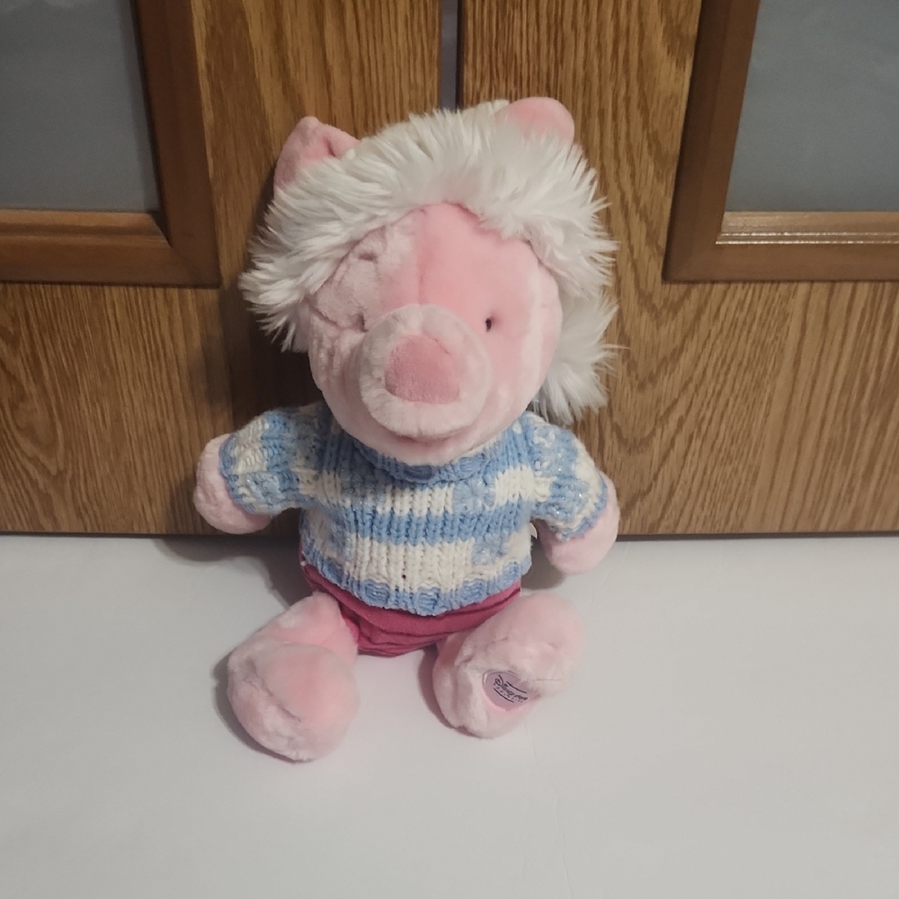 Disney Store Plush Piglet with Blue and White Sweater And Winter Hat